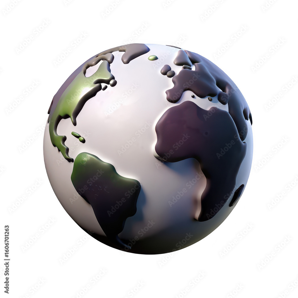 Poster stylized 3d globe with continents appearing as raised glossy shapes isolated on transparent backgrou