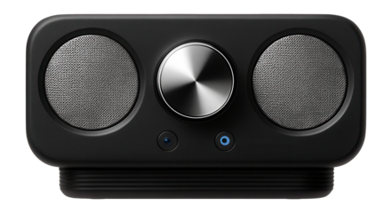Compact music system with dual front-facing speakers and a central control knob