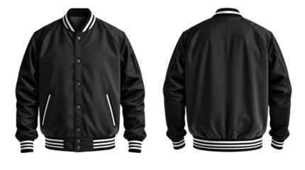 Black baseball bomber varsity jacket in front and back view, mockup isolated on transparent background