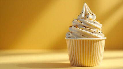 Vanilla swirl ice cream in a vintage cup. Delicious ice cream desserts under sunlight. Classic summer treats with stripes. Perfect outdoor ice cream moments.