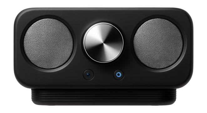 Compact music system with dual front-facing speakers and a central control knob