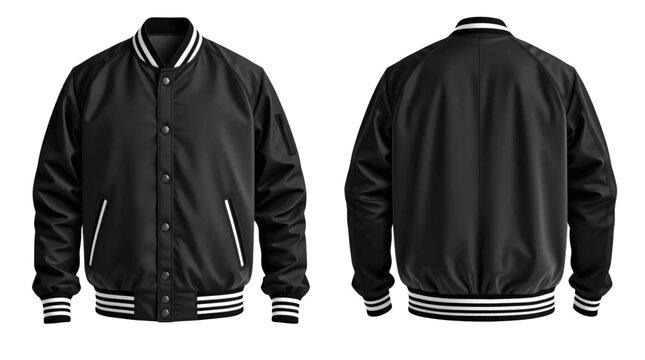 Black baseball bomber varsity jacket in front and back view, mockup isolated on transparent background