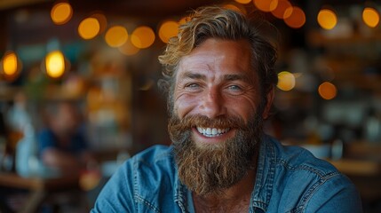 Smiling man with beard & blue shirt. Bokeh cafe lights backdrop. Happy expression, relaxed vibe