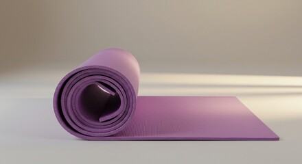 Rolled purple yoga mat on the floor for exercise, fitness, and meditation