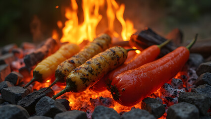 Roasting vegetables over woodfire. Cooking with glowing embers for flavor. Outdoor grilling tips for veggies. Best techniques for fire-roasted vegetables.