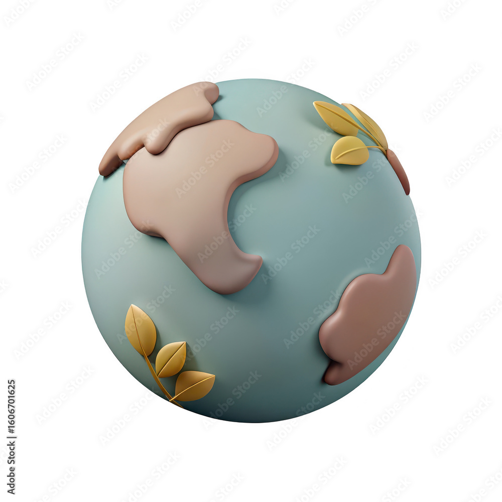 Poster stylized 3d rendering of planet earth with continents and golden leaves isolated on transparent back