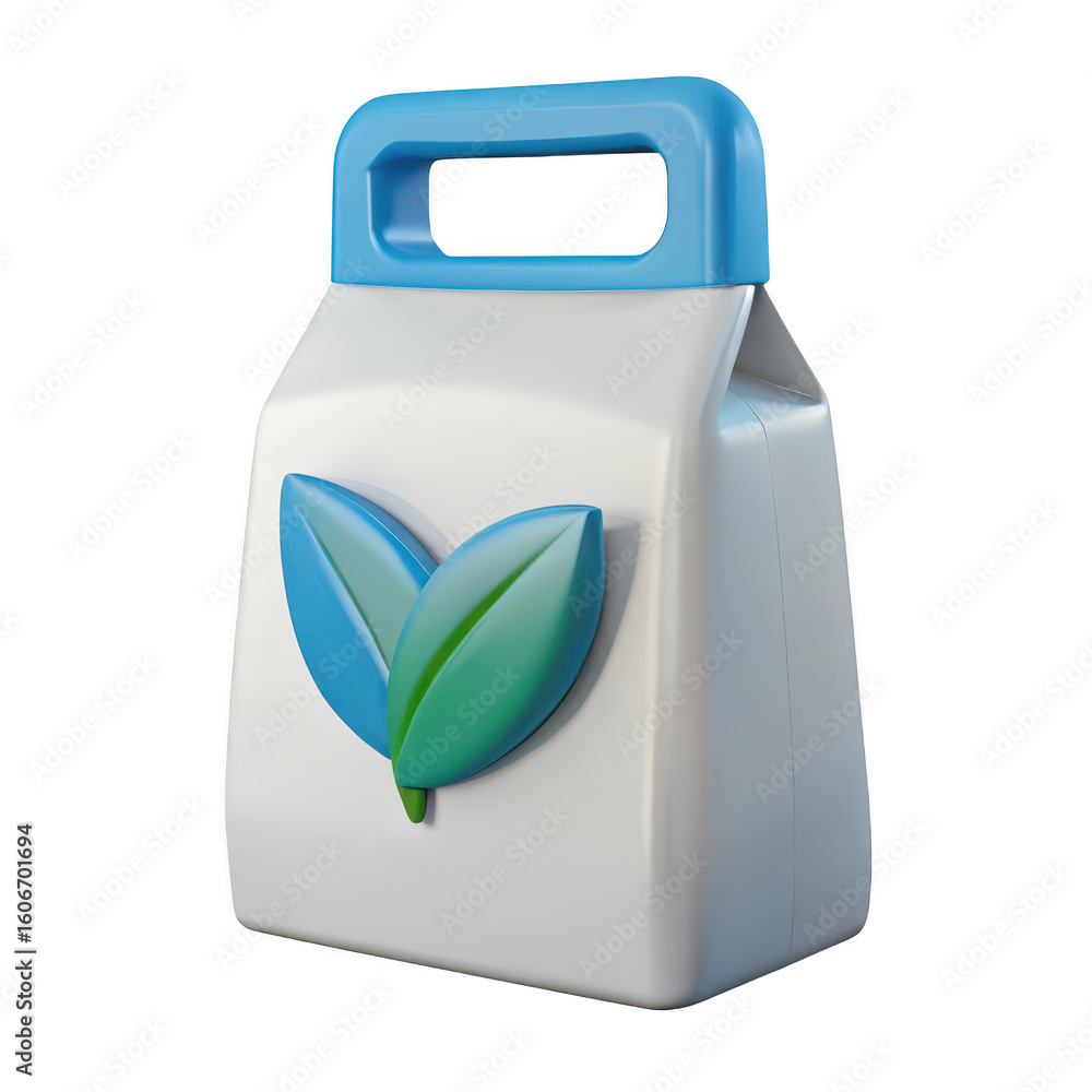 Poster stylized 3d rendering of a white bag with a blue handle and two green leaves symbol isolated on tran