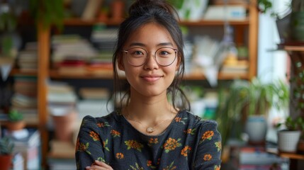 Asian woman with bun, glasses, smiling near shelves of books/plants