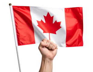 Raised Fist Holding Waving Canadian Flag, Side Angle, Isolated PNG