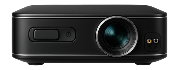 Slimline mini projector with a sliding power switch and composite input for DVD players