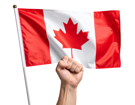 Raised Fist Holding Waving Canadian Flag, Side Angle, Isolated PNG