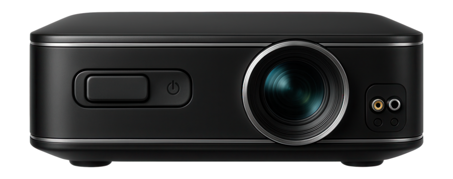 Slimline mini projector with a sliding power switch and composite input for DVD players