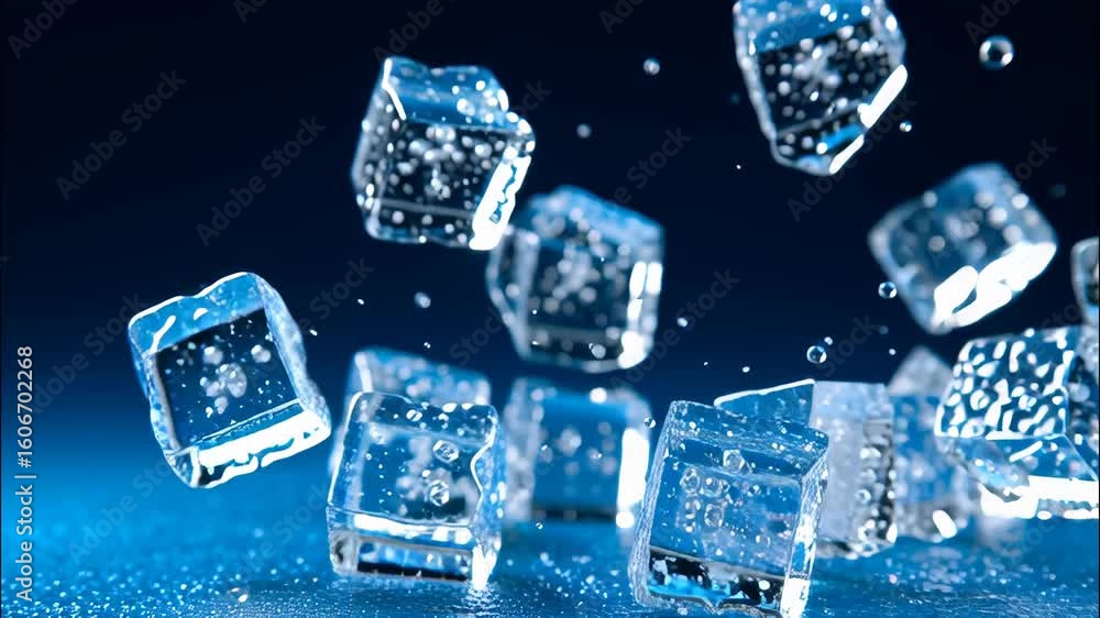 Aufkleber background, cubes splashing onto a space surface, creating dynamic motion against a blue ice wet amp
