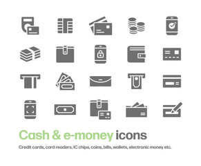 クレジットカード,財布,電子マネー等のアイコンセット。お金や支払いに関するシンプルなシルエットイラスト