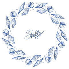 Outline circle frame with marine seashells drawn in minimal line art.
Vector hand drawn illustration for beach labels, eco branding and natural product packaging