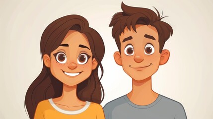 Cartoon portrait of two young, smiling characters, a female and a male, against a neutral background
