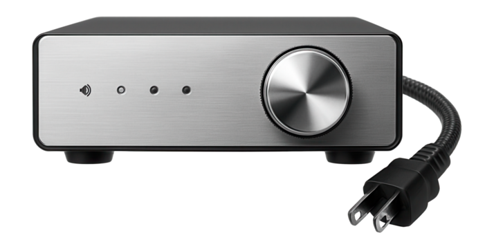 Compact multi-channel amplifier with detachable power cord and minimalistic front design