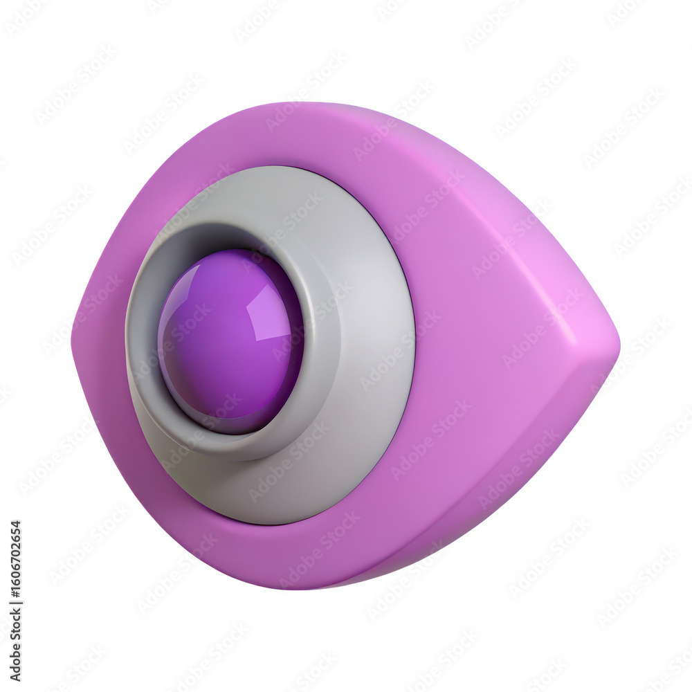 Poster stylized 3d rendering of an eye symbol with purple pupil and pink casing isolated on transparent bac
