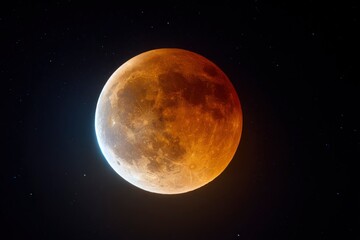 Eerie lunar eclipse displaying warm orange tones against a starspeckled black night sky A soft cold glow highlights one side