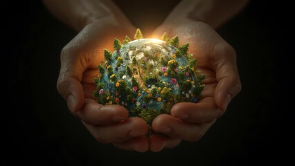 Hands Holding Earth with Miniature Trees and Flowers, Symbolizing Nature and Environmental Protection