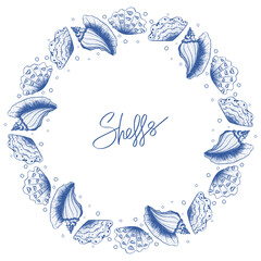 Blue seashells round decorative frame. Mediterranean vintage ink sketch style. Vector hand drawn illustration for cosmetics, underwater themes, nature branding with copy space