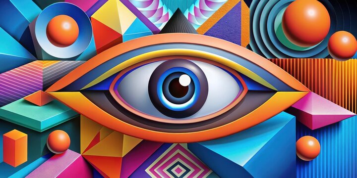 Vibrant psychedelic eye surrounded by geometric shapes and abstract patterns