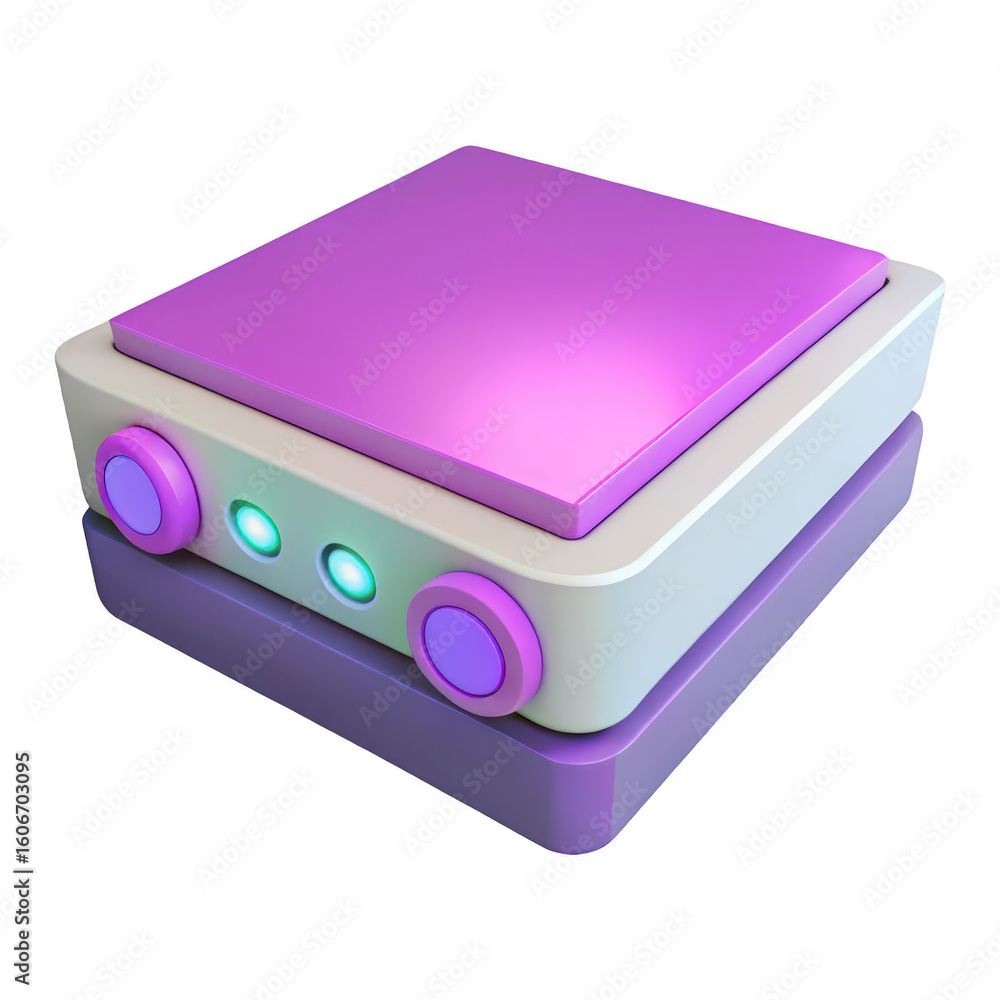 Poster stylized 3d rendering of a retro music player with purple and cream colors isolated on transparent b