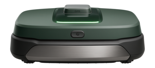 Robotic lawn mower with a broad, flat design and integrated GPS module for precise navigation