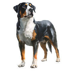 Obraz premium Strong Greater Swiss Mountain Dog Standing Firmly with Confident Gaze, Front View, Isolated on Transparent Background