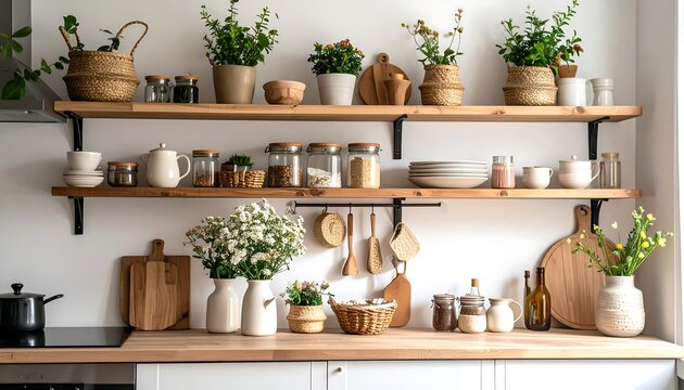 Wooden shelves filled with kitchen items and plants
