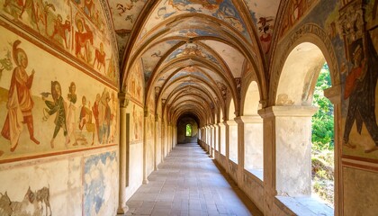 Obraz premium Ancient cloister hallway with vibrant murals