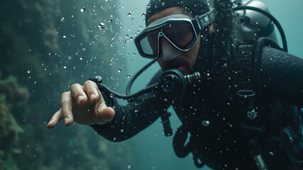 Water droplets scattering off fingers. Ultra-realistic diving scenes. Captivating images of diver’s fingertips. Stunning water effects in underwater photography.