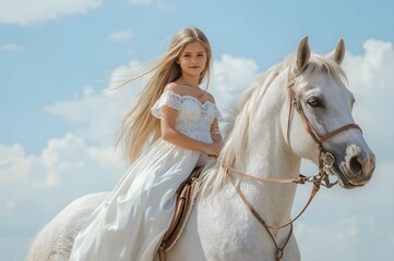 Obraz premium Beautiful girl on a white horse. Beautiful blonde in a white dress on a white horse