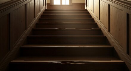 Wooden staircase ascending into a sunlit area.
