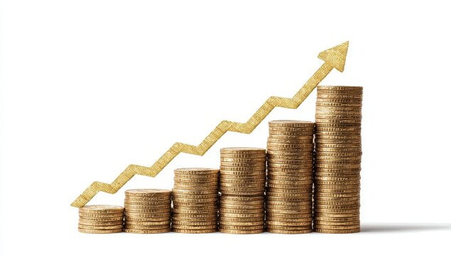Gold coins stacked in ascending columns with a golden upward trend graphic