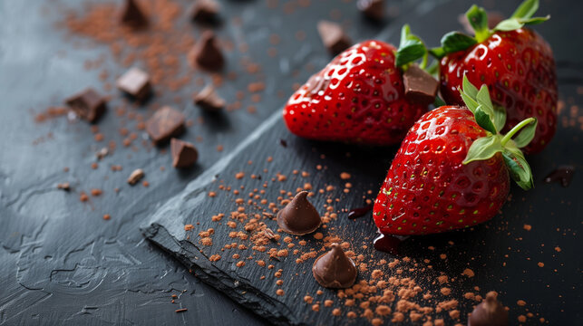 Chocolate-Covered Strawberries on Slate with Cocoa Dust and Crumbs