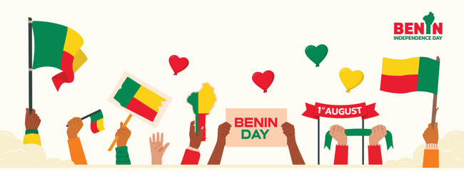 Benin Independence Day Design, Benin independence attributes, August 1st design with people holding flags and maps, Benin people fighting and celebrating independence