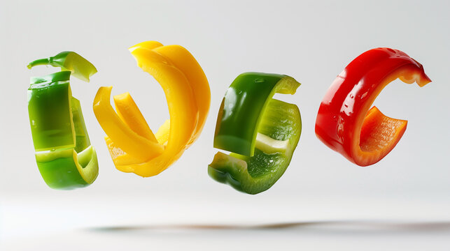 Bell Pepper Rings in Mid-Air with Soft Shadows and Clean Background