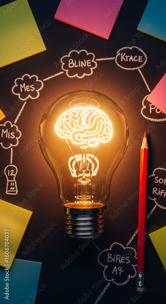 Poster glowing lightbulb with brain shape inside, surrounded by colorful sticky notes and chalk mind map on