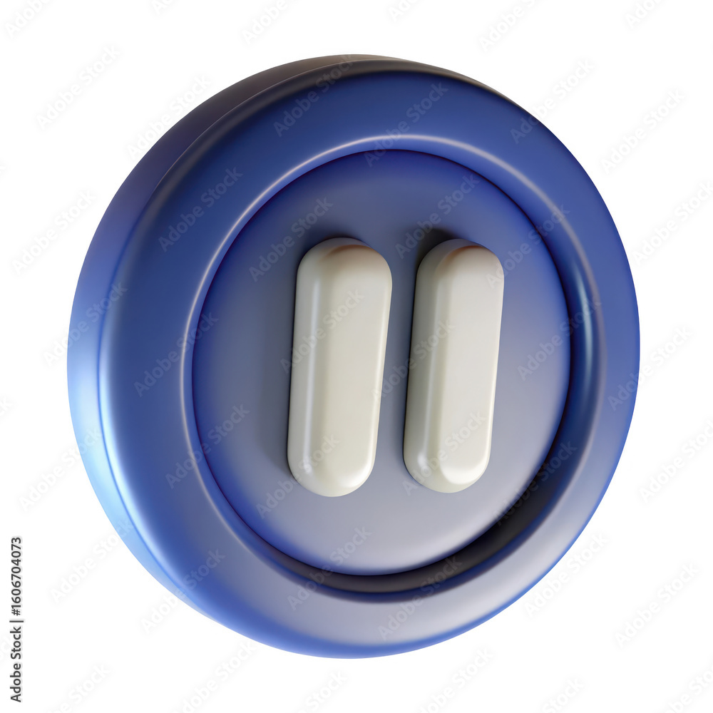 Poster a 3d rendered blue circular button with two white parallel bars representing a pause symbol isolated