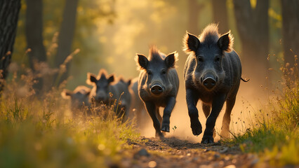 Wild boars running in the forest. Ultra realistic wildlife scenes. Sun-dappled forest landscape. Nature photography with wild boars.