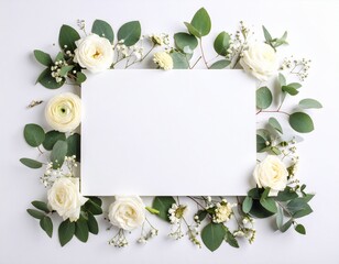 Elegant White Floral Frame with Green Leaves on White Background
