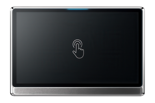 Interactive touch screen wall with a sleek metallic frame and integrated speakers for multimedia presentations