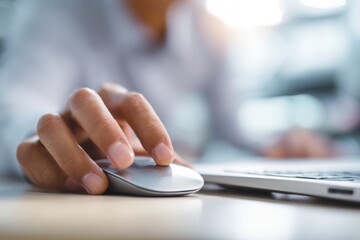 Fototapeta premium A man using a computer. The businessman or customer is looking for data information in the internet network to find, with the man's hand holding a mouse button at an office desk background.