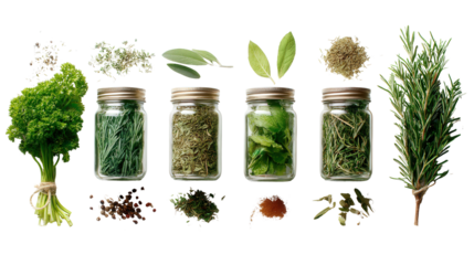 Fresh Herbs and Spices in Jars: A flat lay of fresh herbs and spices like parsley, thyme, and rosemary, isolated on a Transparent background, PNG file.