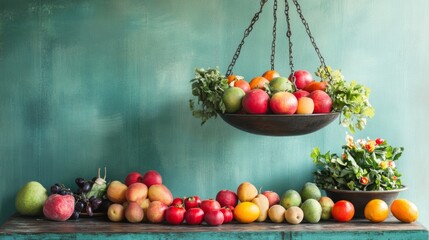 A grocery market scene with a traditional hanging scale filled with fresh fruits solid neutral green background rustic setting vibrant colors and authentic textures