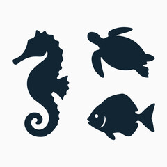 Ocean Sea animals Icon Set, Silhouettes of a seahorse, sea turtle and fish Silhouette clean Flat Vector Icons in marine life.