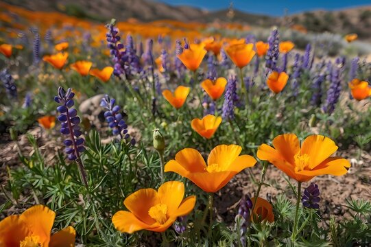 Bright orange vibrant vivid golden poppies, seasonal spring native plant, wildflower in bloom close up purple lupine.