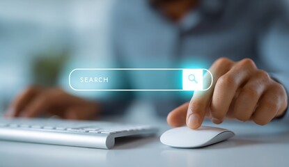 Close-up of person clicking computer mouse with virtual search bar overlay, representing internet browsing, SEO, and digital research.