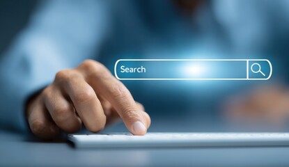 Close-up of person clicking computer mouse with virtual search bar overlay, representing internet browsing, SEO, and digital research.